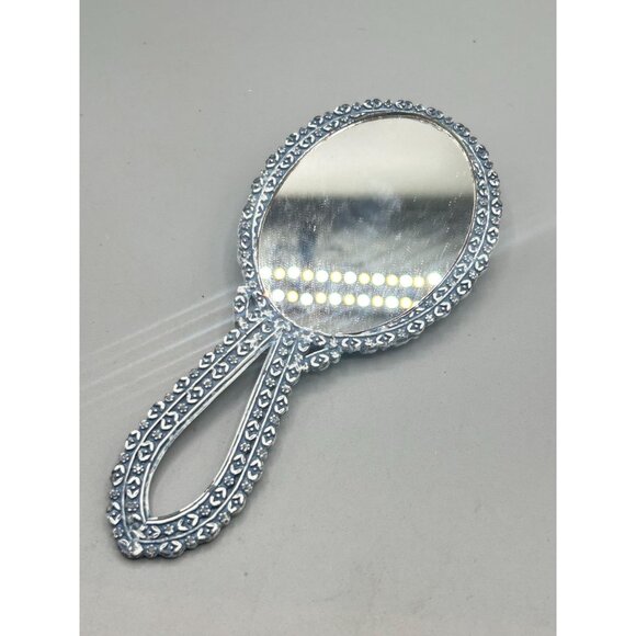 Vintage Florenza Small Hand Mirror Dusty Blue Enamel with Floral Resin Cameo - Picture 3 of 12